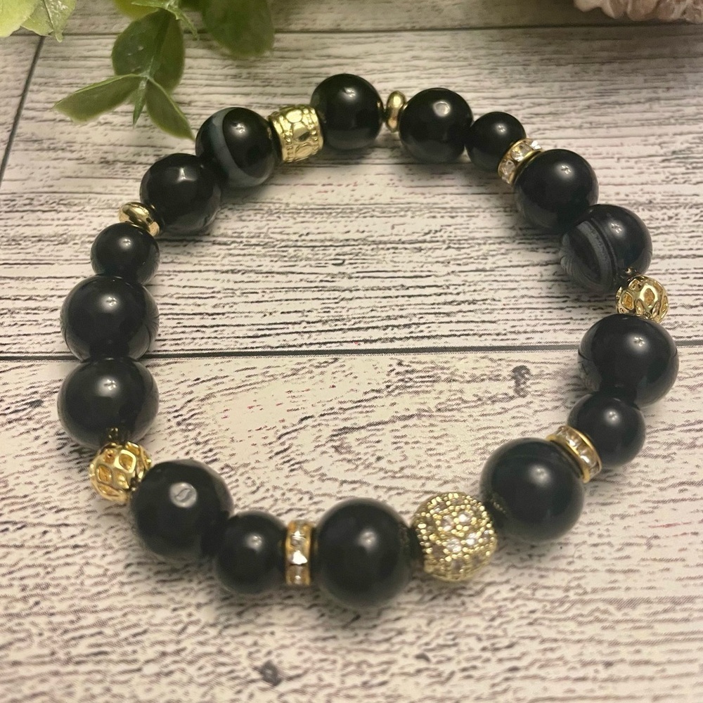 Black Agate Bracelet with Gold accents 10mm stretch, handmade